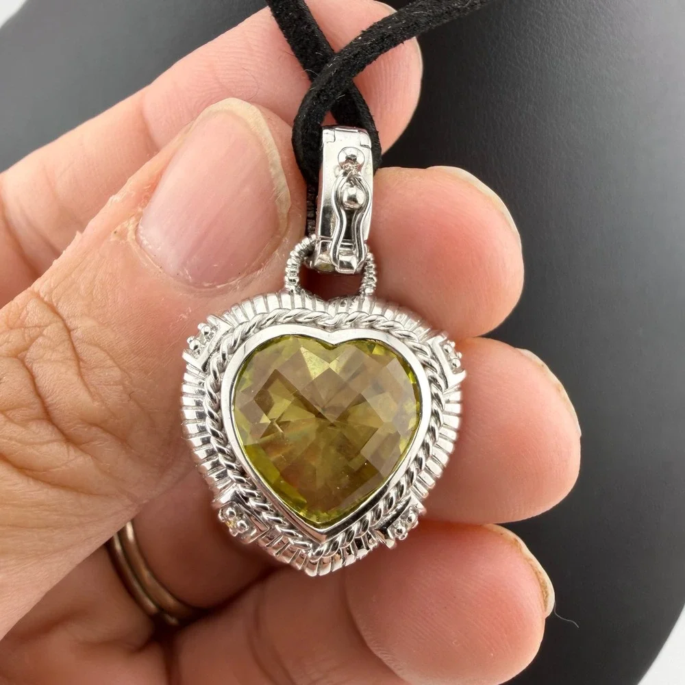Judith Ripka Womens OS Silver Heart Enhancer Yellow Quartz CZ Pendant